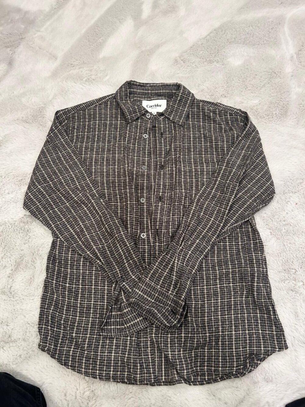 Corridor Men's Button Down, Black and Tan Plaid, Size M